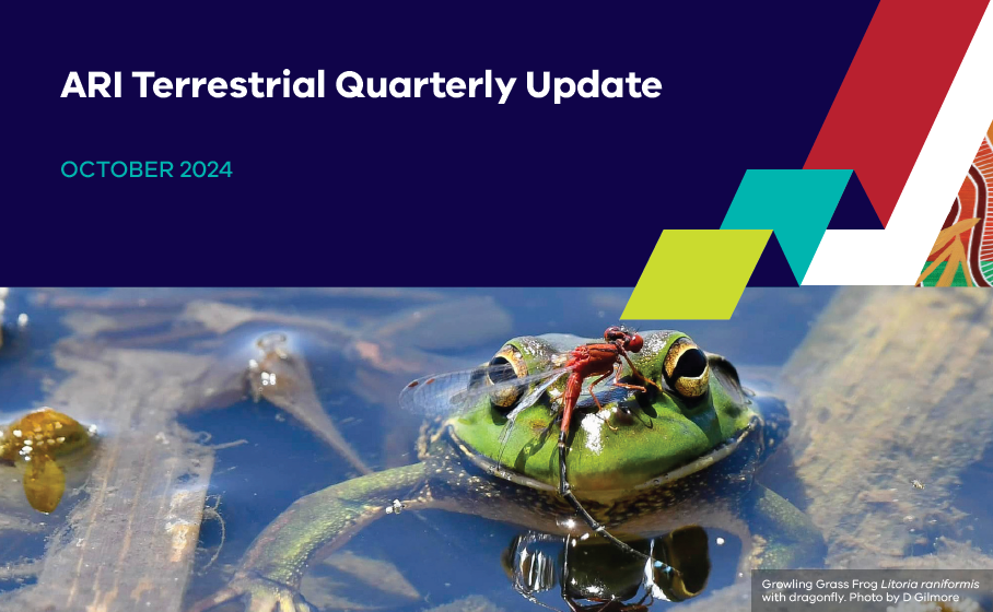 Terrestrial quarterly update banner showing growling grass frog with a dragonfly on it's head